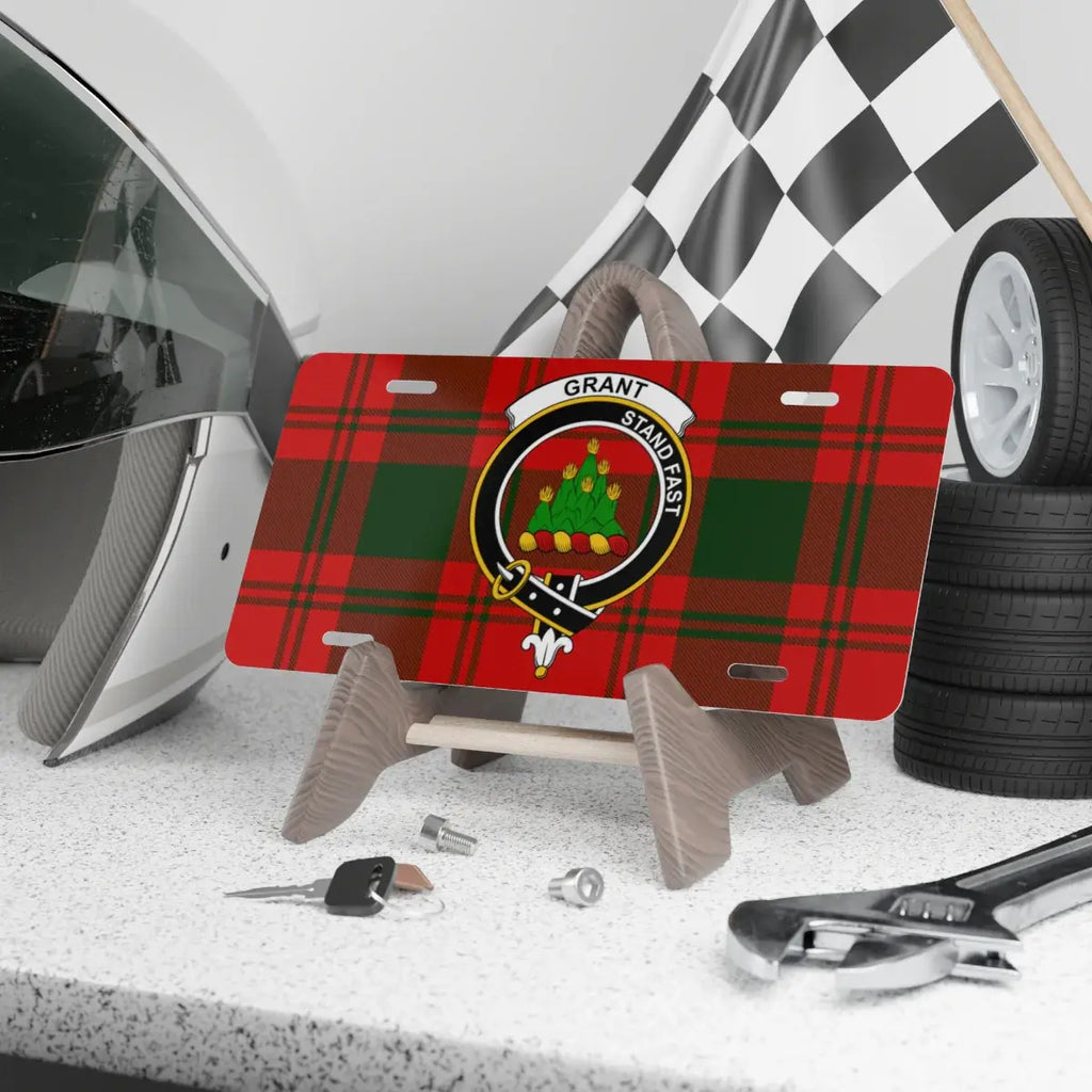 Grant clan crest tartan novelty license plate — 12x6 aluminium with Stand Fast heraldic design