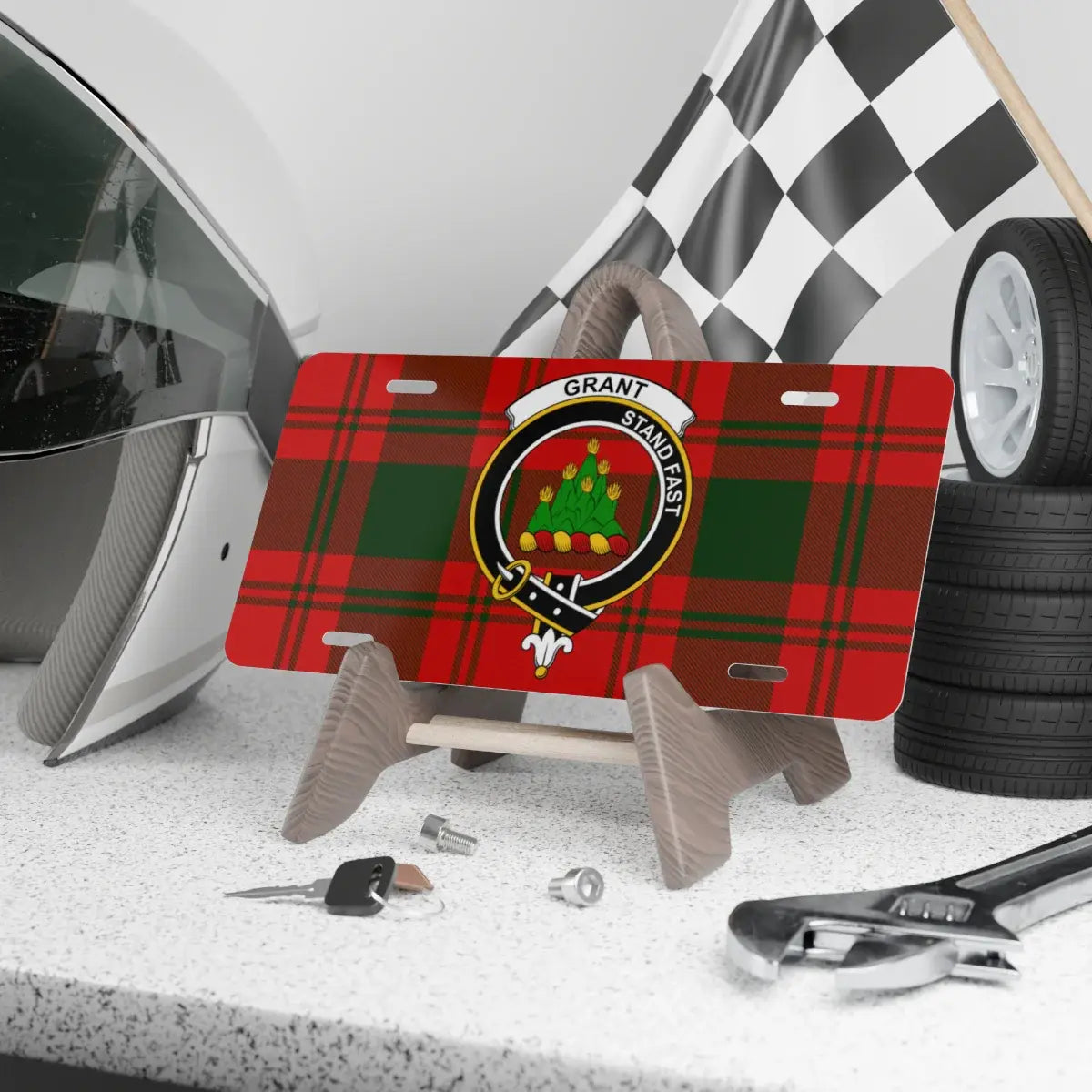 Grant clan crest tartan novelty license plate — 12x6 aluminium with Stand Fast heraldic design