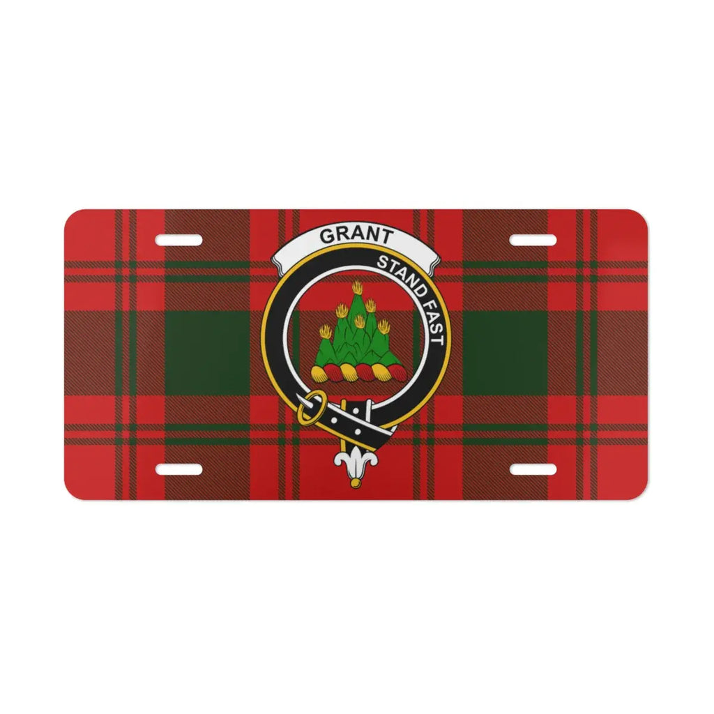 Grant Stand Fast decorative license plate — clan crest tartan design on aluminium