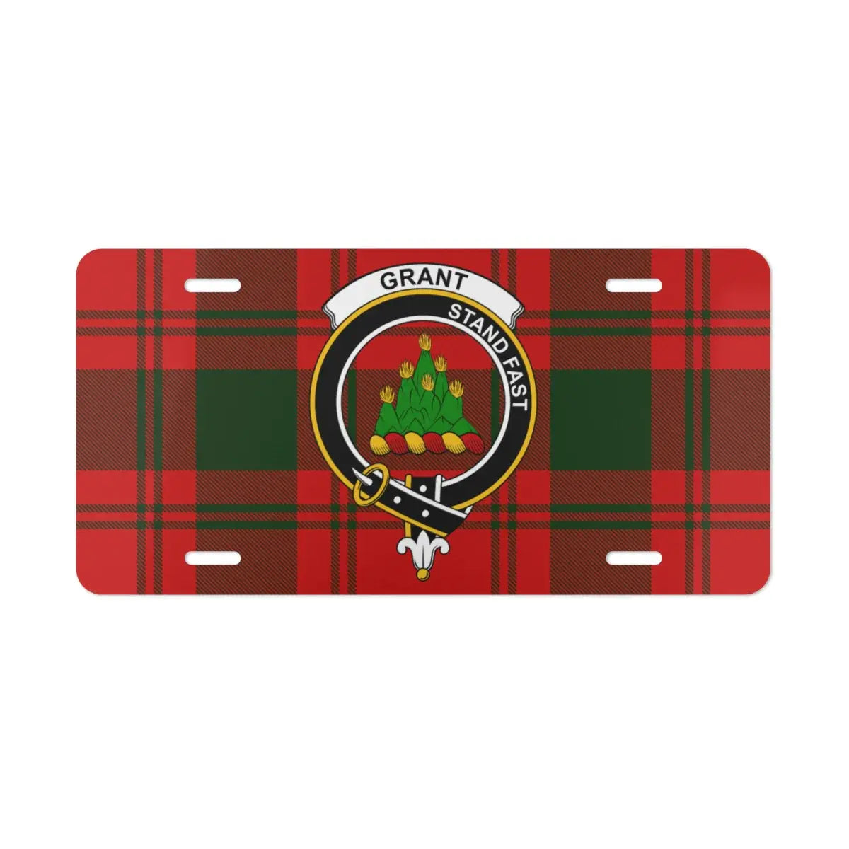 Grant Stand Fast decorative license plate — clan crest tartan design on aluminium