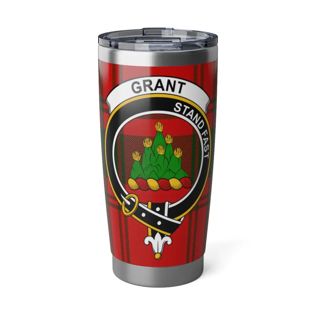 Grant clan tartan 20oz tumbler — stainless steel with Stand Fast clan crest design
