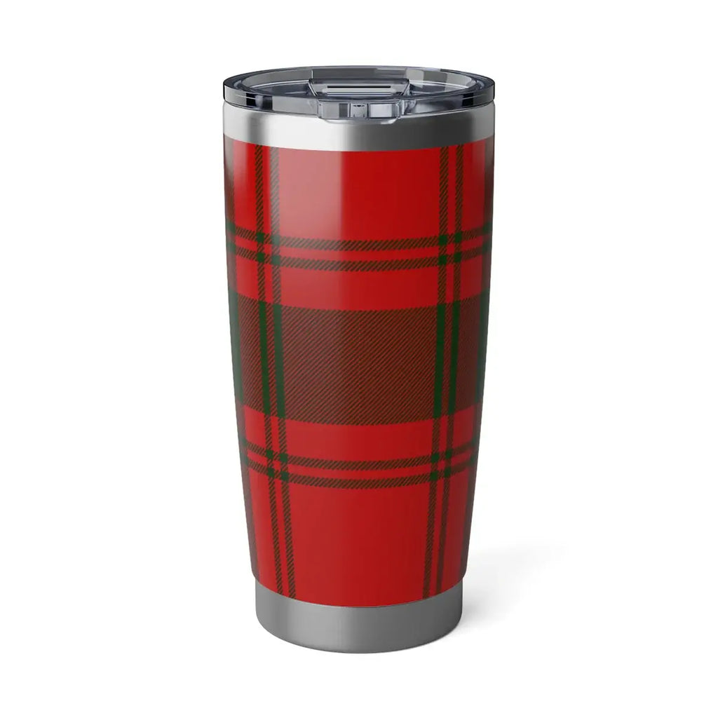 Grant clan crest tumbler in hand — red and green plaid on 20oz insulated stainless steel