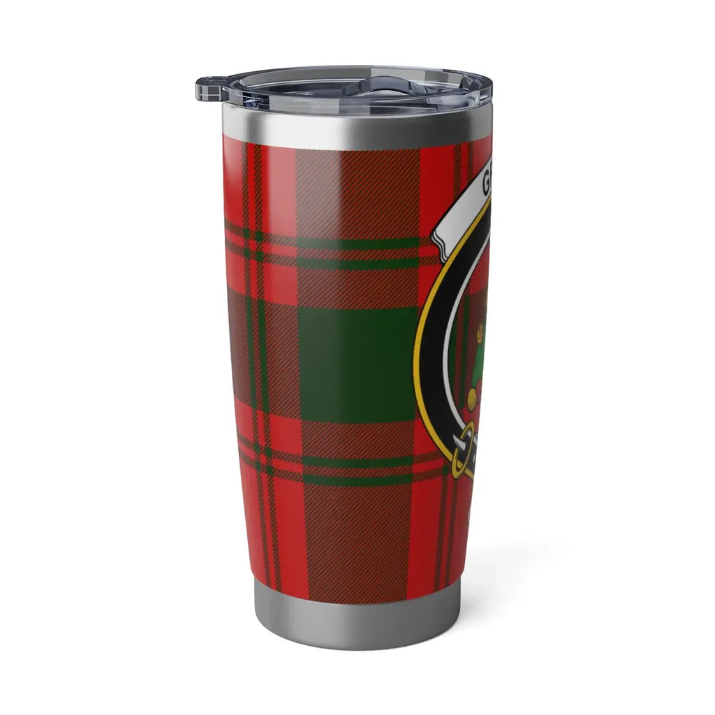 Grant clan tartan travel tumbler — Scottish plaid print on 20oz stainless steel, fits cup holders