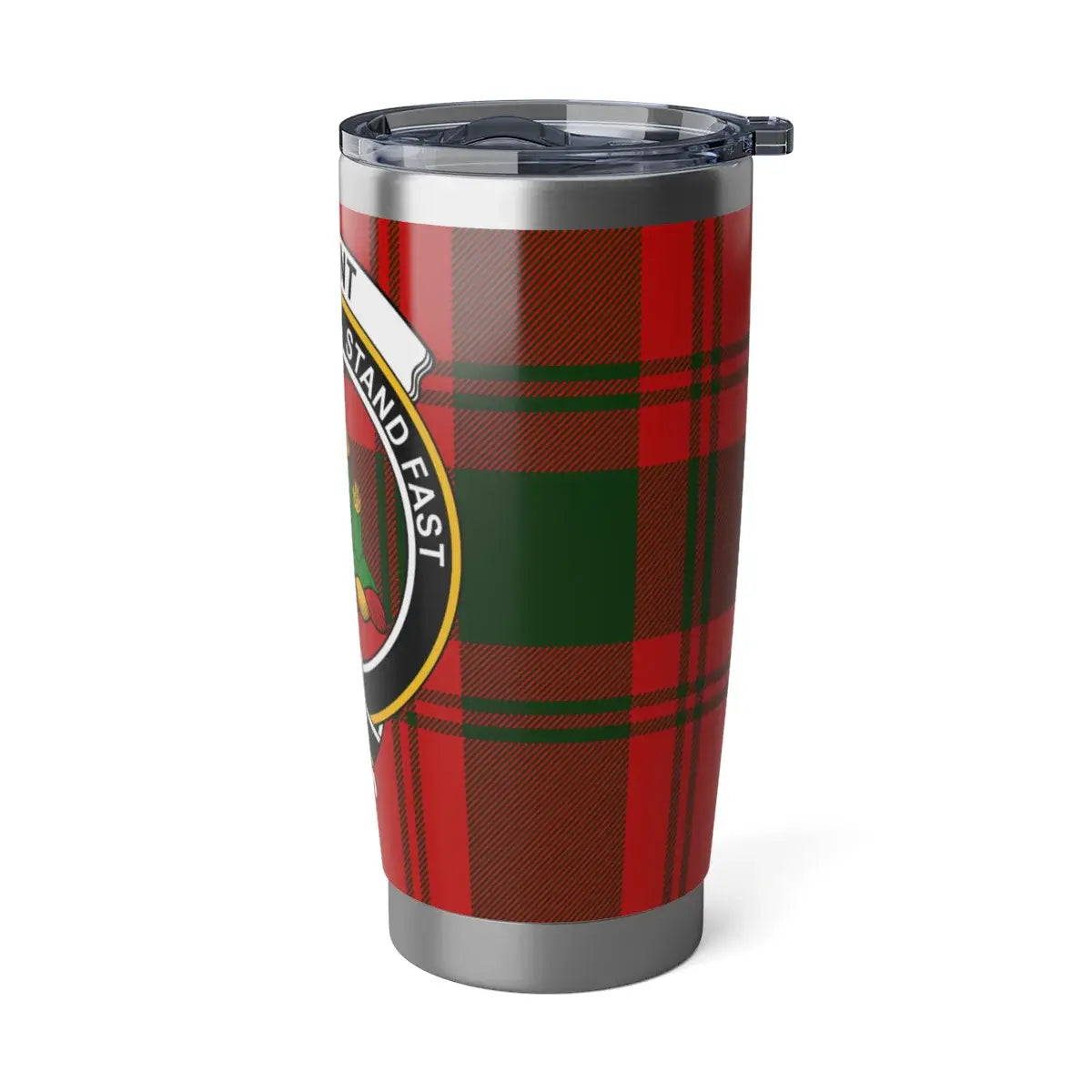 Grant clan crest red tartan design tumbler — Stand Fast design on stainless steel