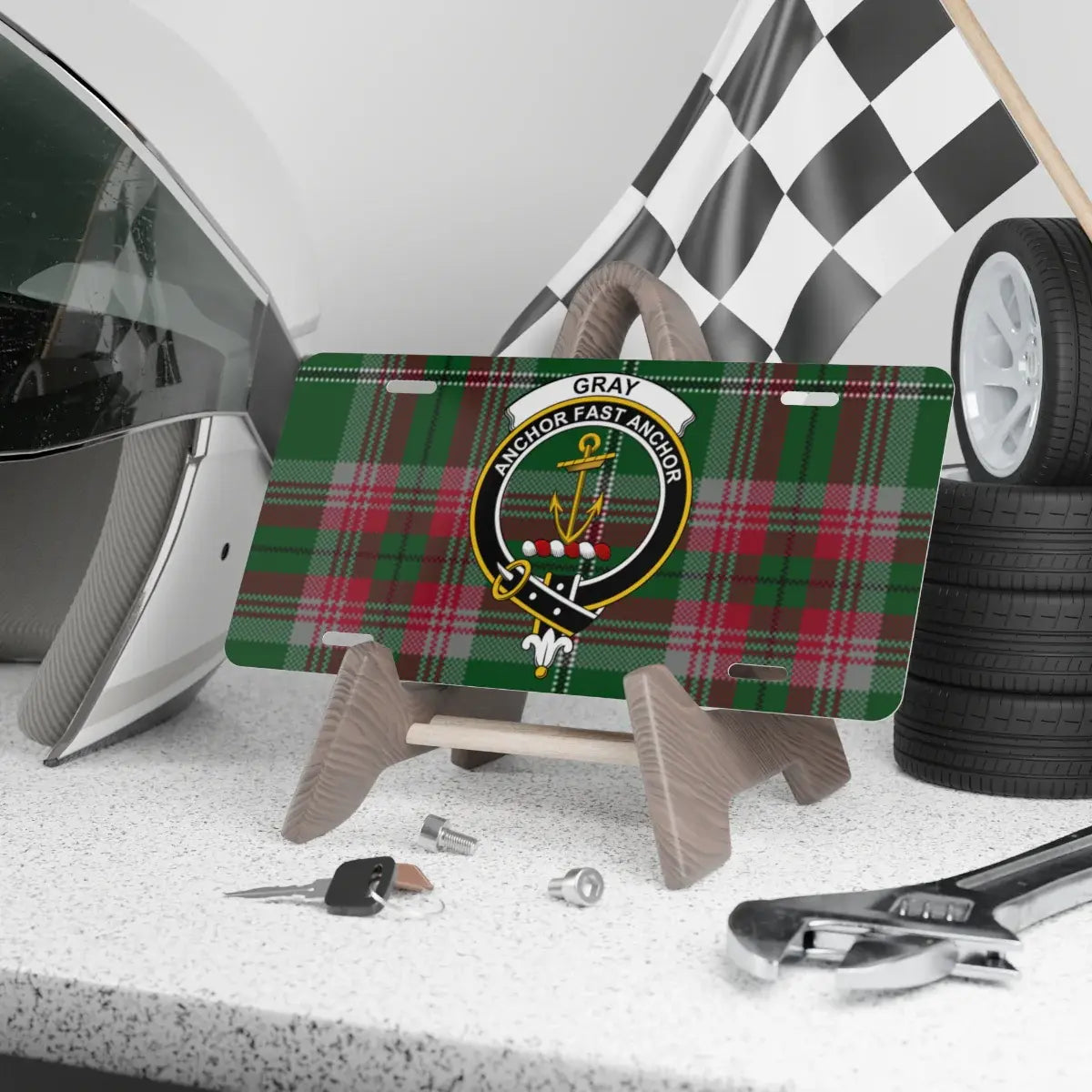 Gray clan crest tartan novelty license plate — 12x6 aluminium with Anchor Fast Anchor design