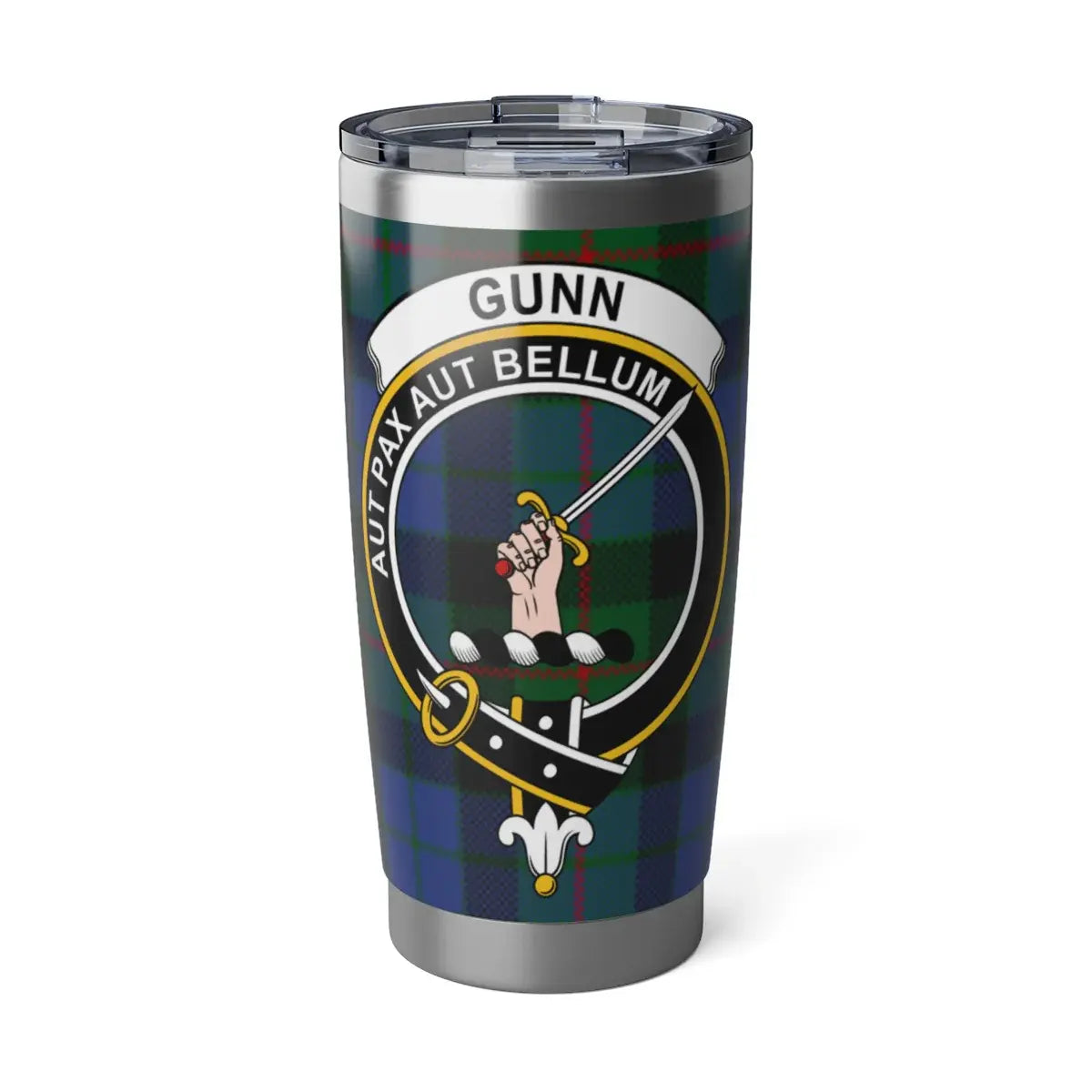 Gunn clan tartan plaid 20oz tumbler — stainless steel with Aut Pax Aut Bellum clan crest design