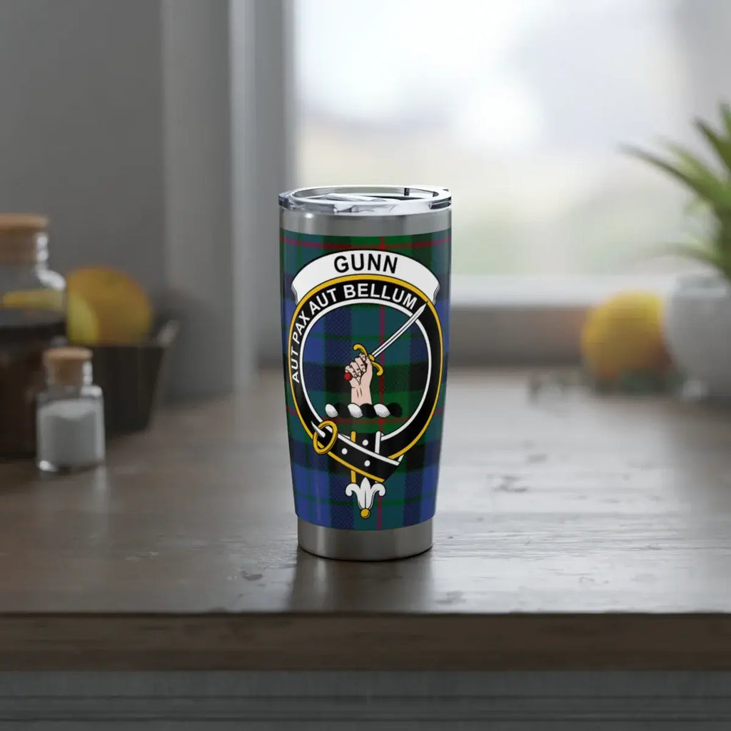 Gunn Aut Pax Aut Bellum insulated tumbler — double-wall stainless steel with crest wrap