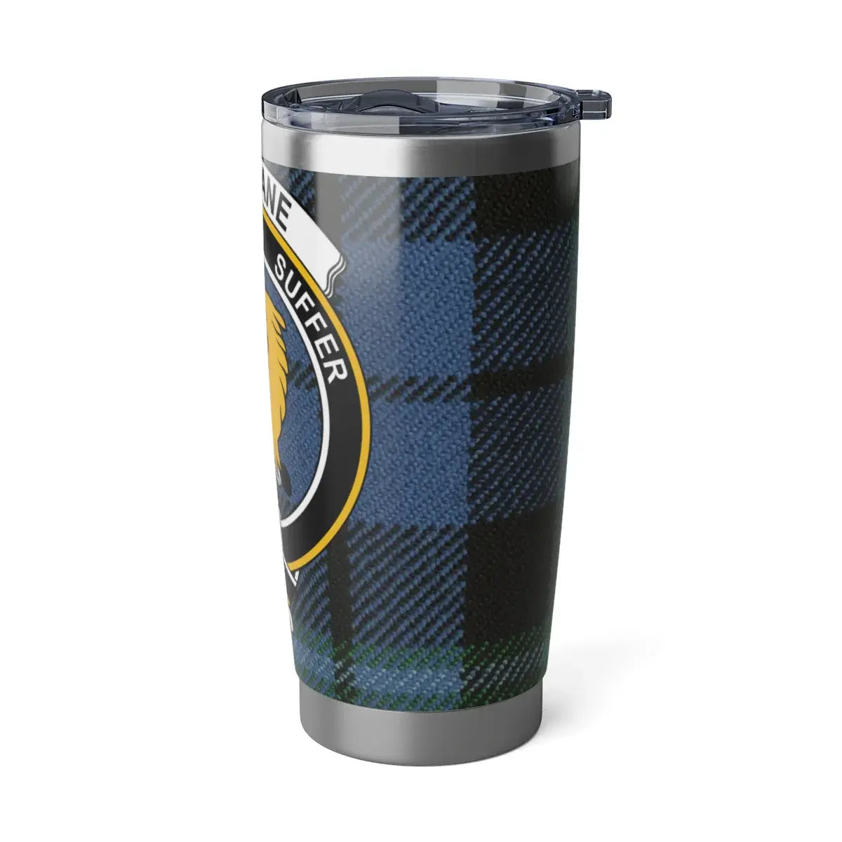 Blue Plaid Tumbler with Shield Emblem Travel Mug