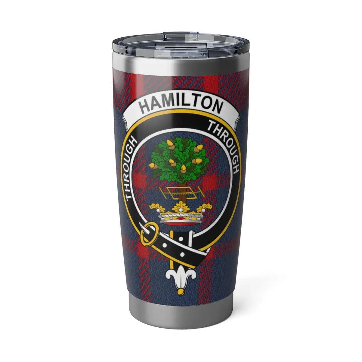 Hamilton clan tartan plaid 20oz tumbler — stainless steel with Through clan crest design