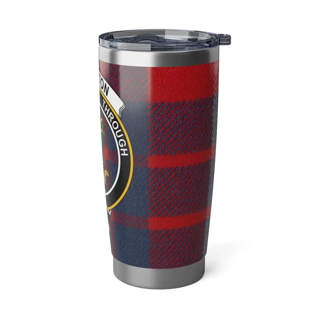 Hamilton clan crest tartan plaid travel mug — Scottish heritage 20oz stainless steel tumbler
