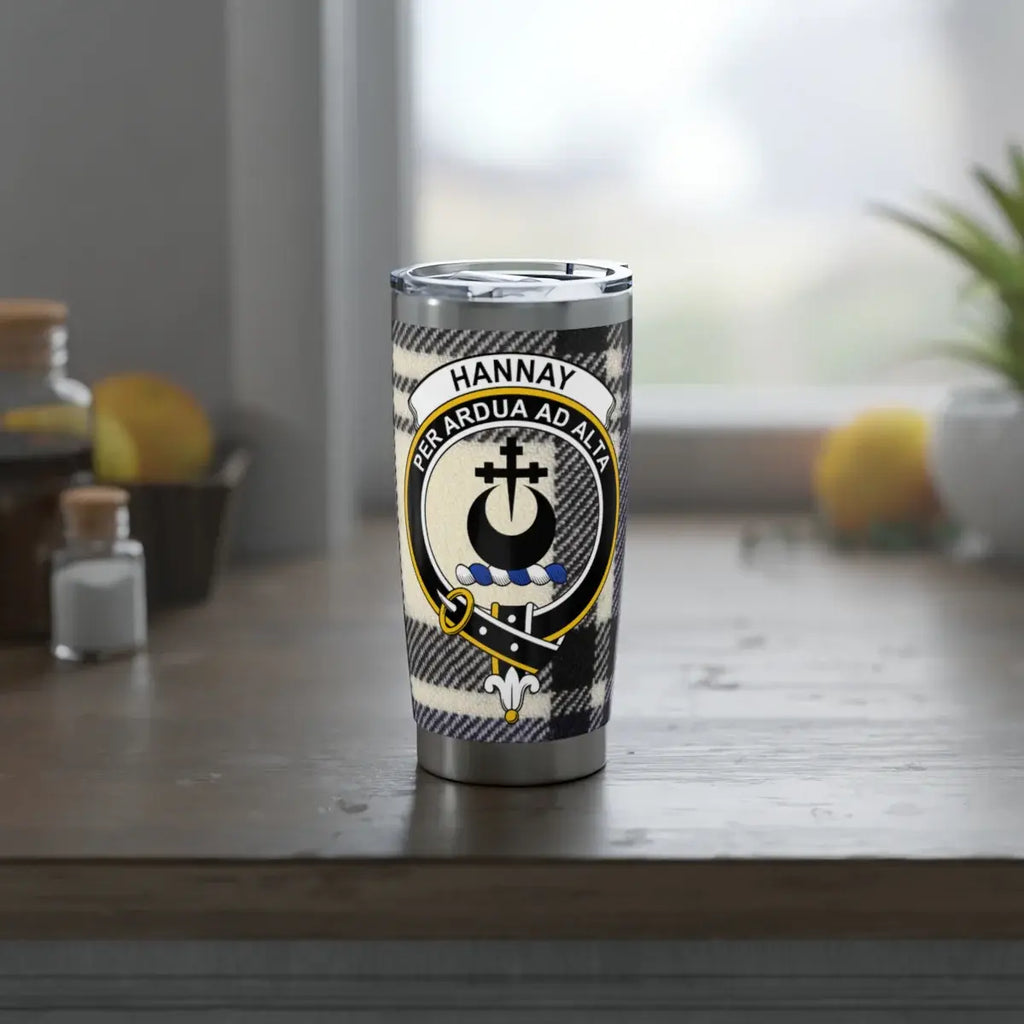 Hannay clan crest tumbler — side view showing tartan and crest print on 20oz steel body