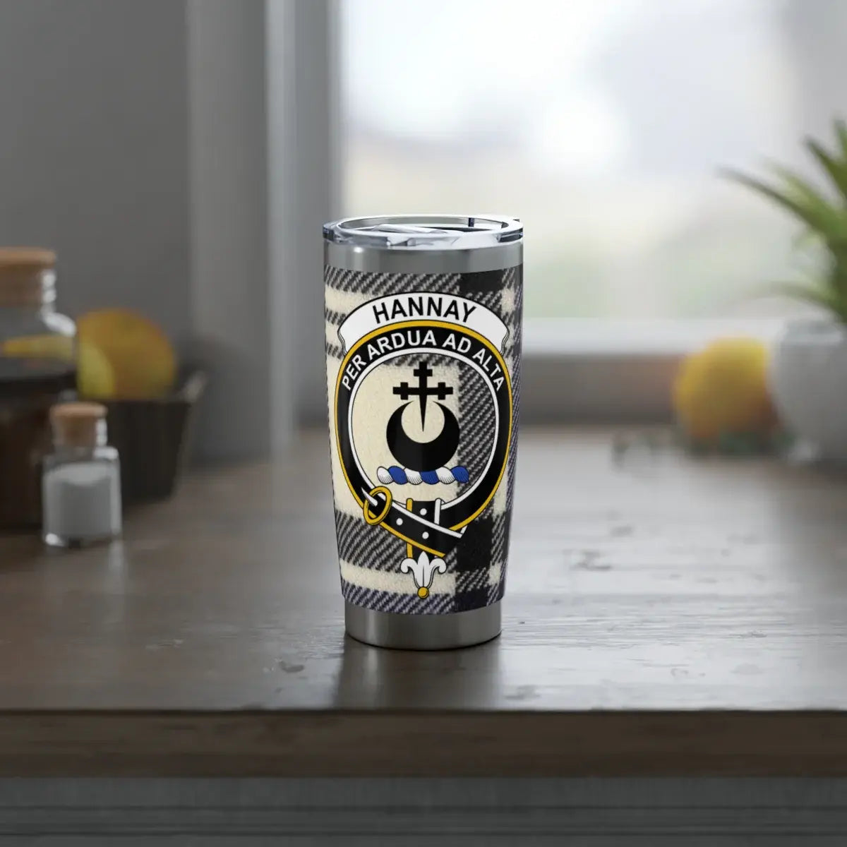 Hannay clan crest tumbler — side view showing tartan and crest print on 20oz steel body