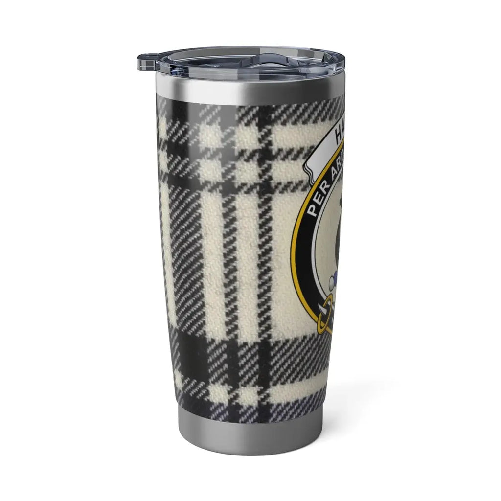 Hannay crest insulated tumbler — shown in cup holder, 20oz double-wall steel with lid