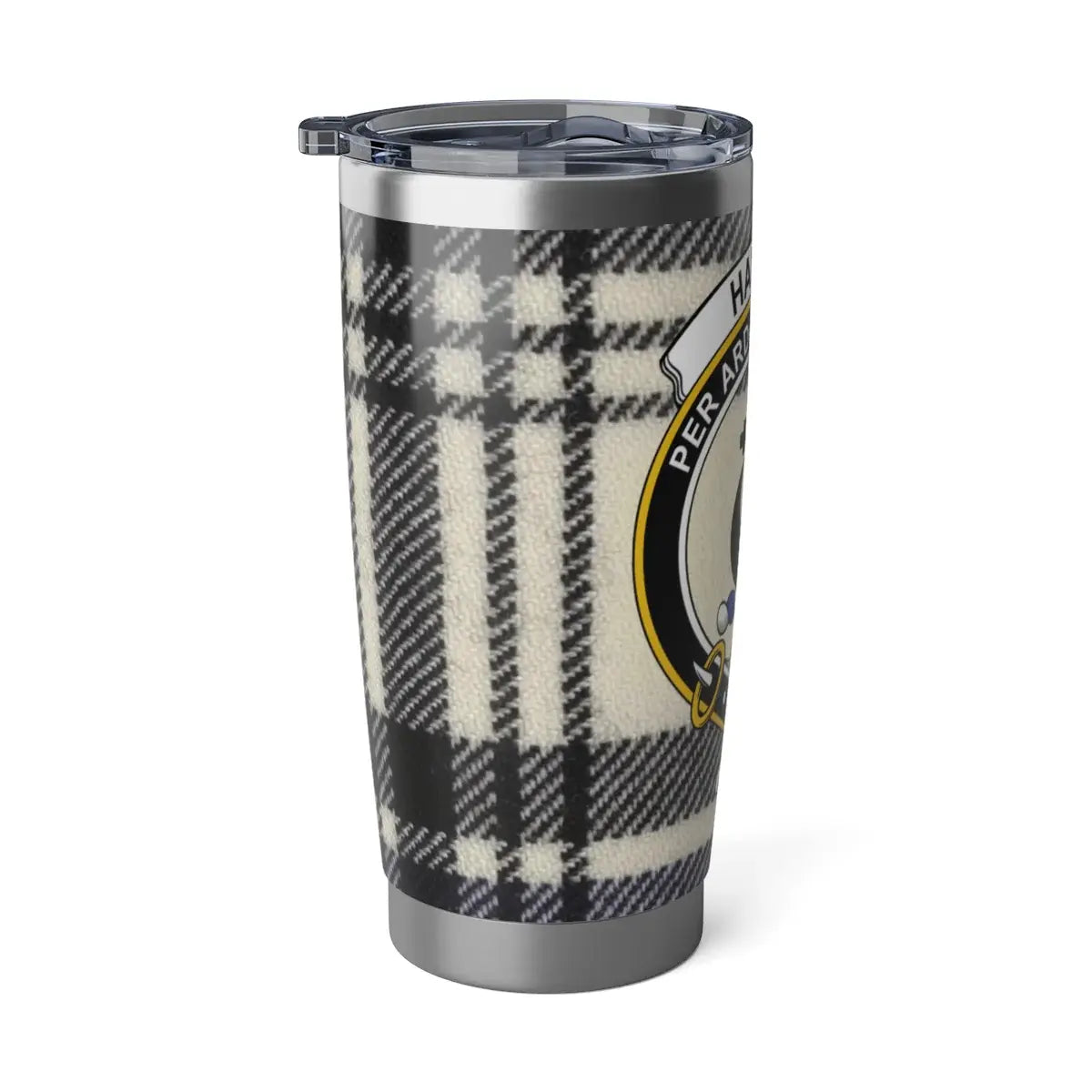 Hannay crest insulated tumbler — shown in cup holder, 20oz double-wall steel with lid