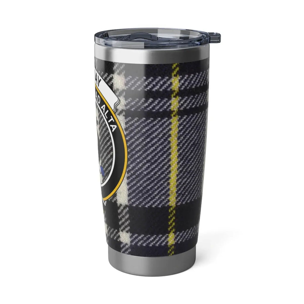 Hannay clan crest tumbler — 20oz steel body from angle, tartan wrap and crest detail visible