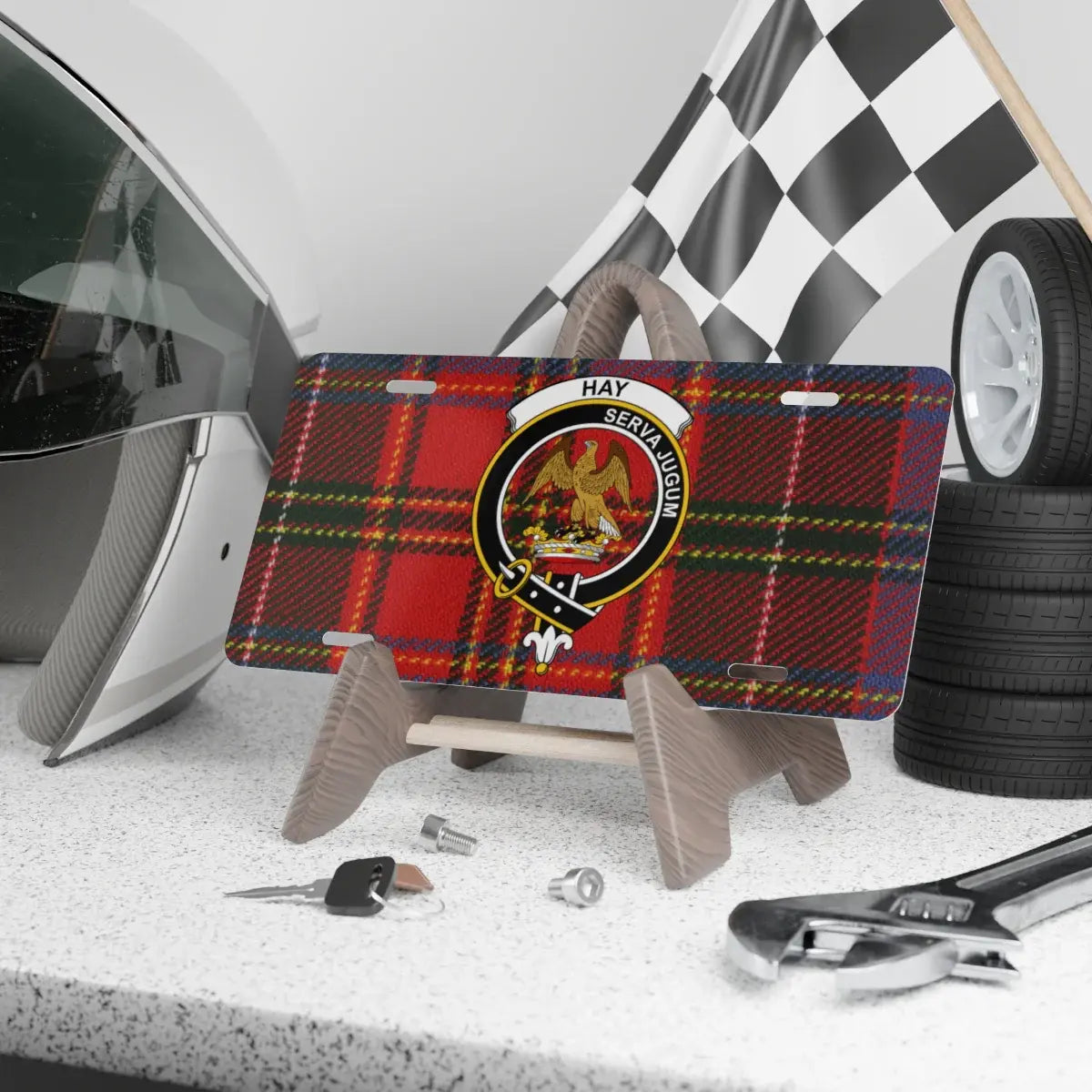 Hay clan crest tartan novelty license plate — 12x6 aluminium with Serva Jugum eagle heraldic design