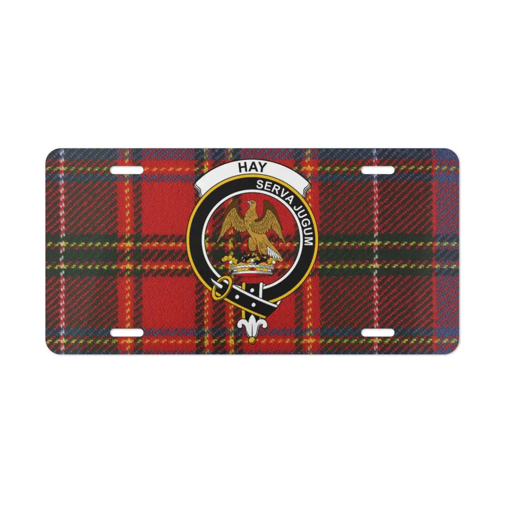 Hay Serva Jugum eagle plaid license plate — clan crest design on aluminium