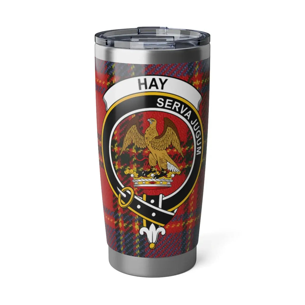 Hay clan tartan plaid 20oz tumbler — stainless steel with Serva Jugum eagle clan crest design