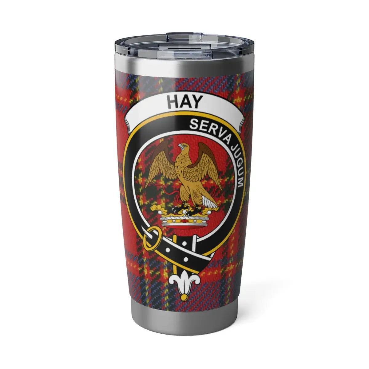 Hay clan tartan plaid 20oz tumbler — stainless steel with Serva Jugum eagle clan crest design