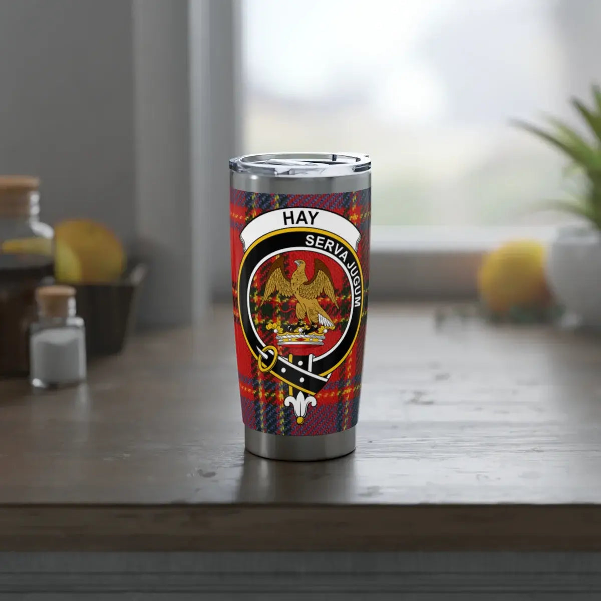 Hay clan crest tumbler — red plaid insulated stainless steel with eagle emblem design