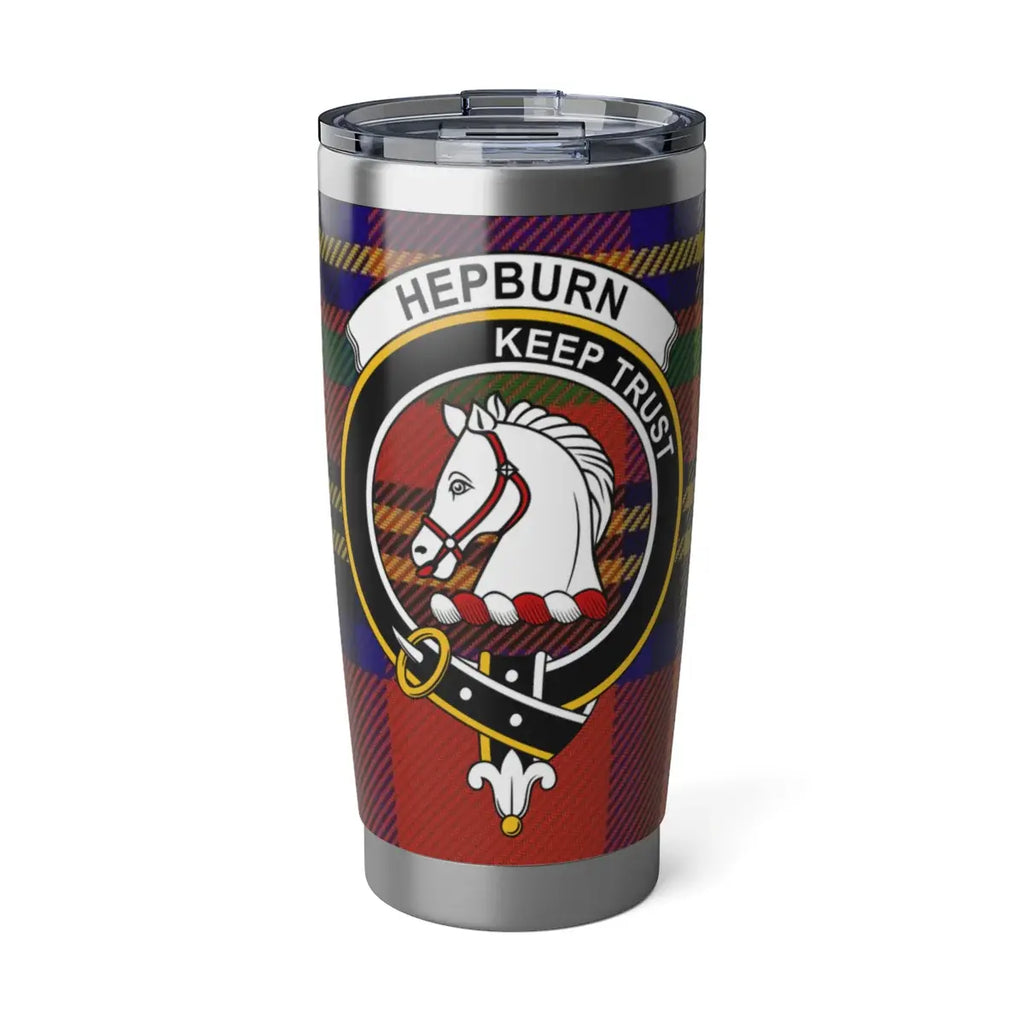 Hepburn clan crest tartan 20oz tumbler — stainless steel with Keep Trust horse heraldic design