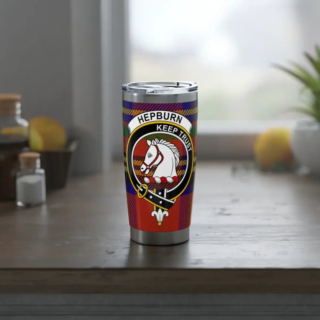 Hepburn clan crest travel mug — personalised horse crest design on 20oz insulated stainless steel