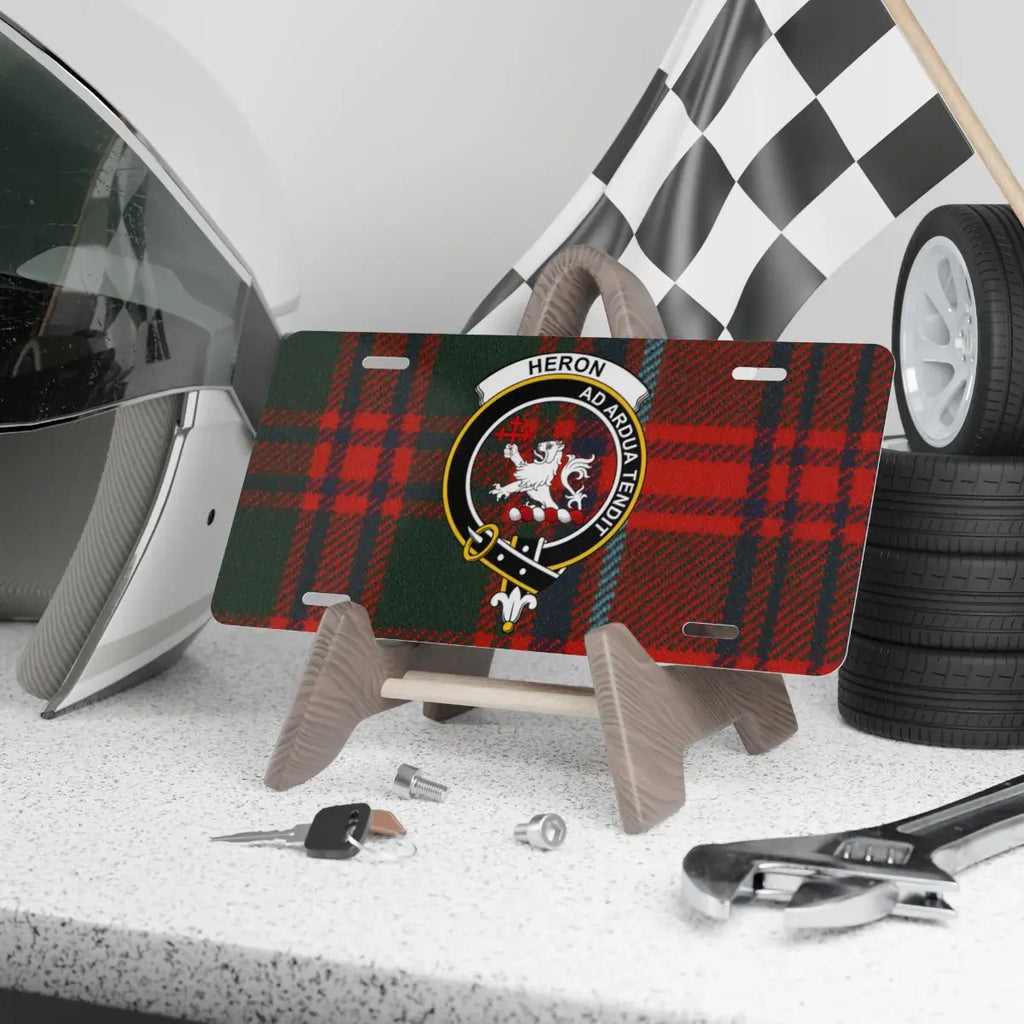 Heron Family Crest on Tartan License Plate product
