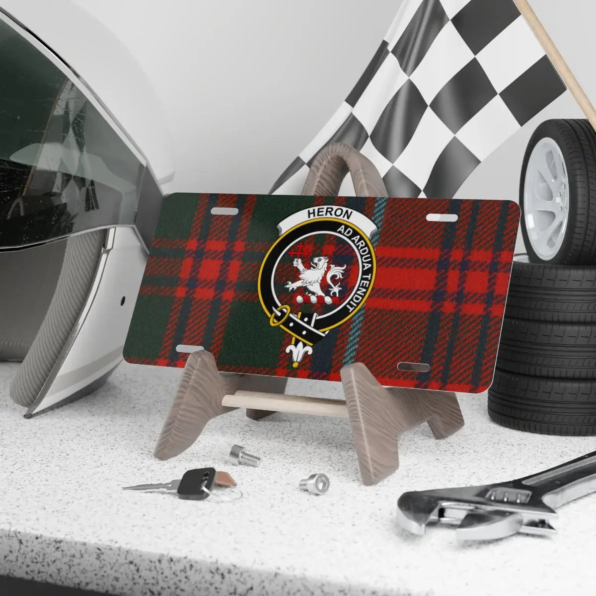 Heron Family Crest on Tartan License Plate product