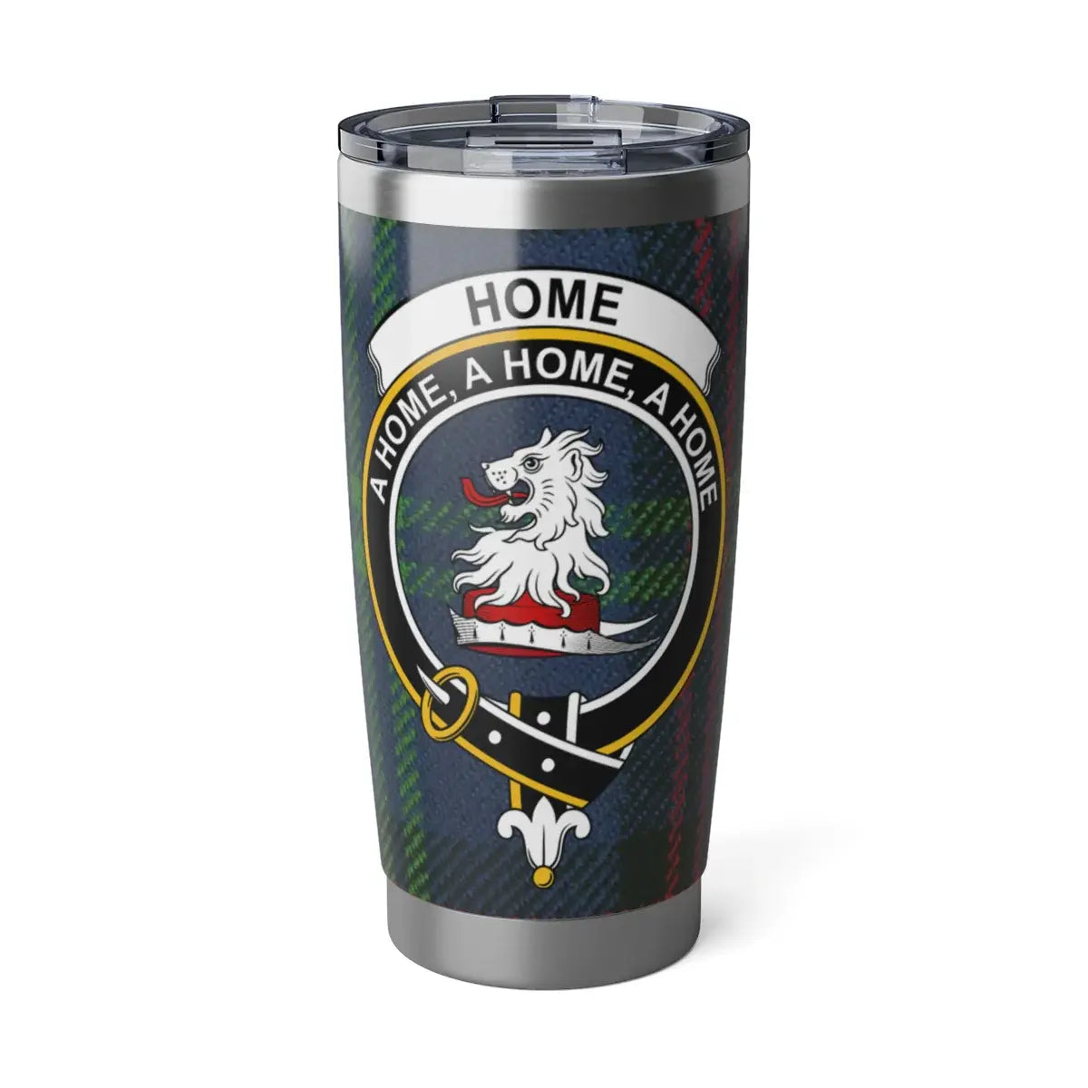 Home clan crest tartan 20oz tumbler — stainless steel with A Home A Home A Home lion design