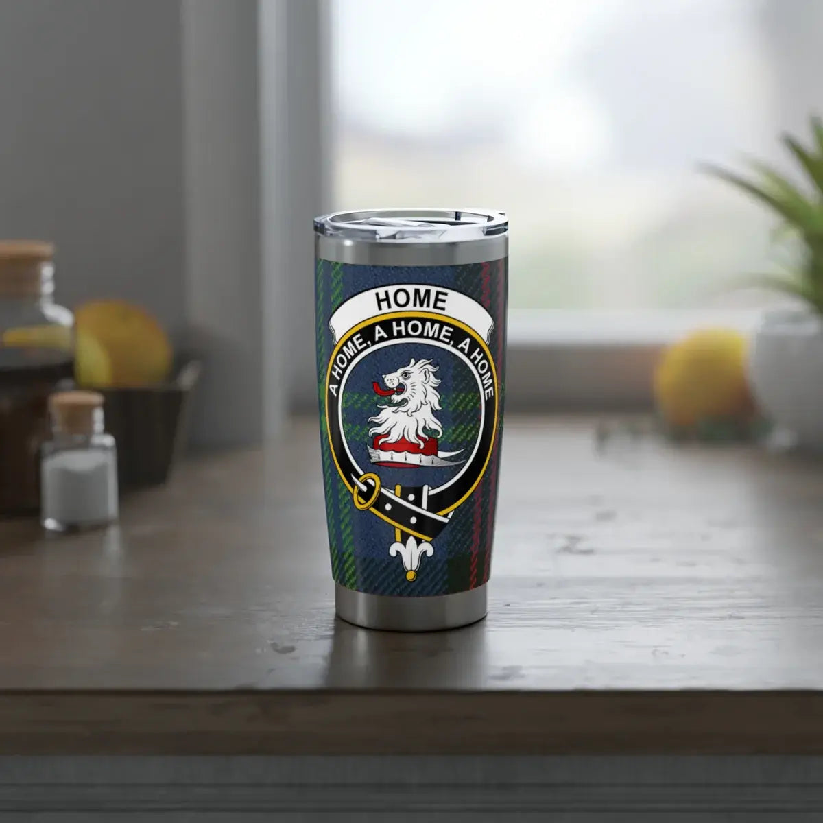 Home clan crest tumbler — A Home A Home A Home design on 20oz insulated stainless steel
