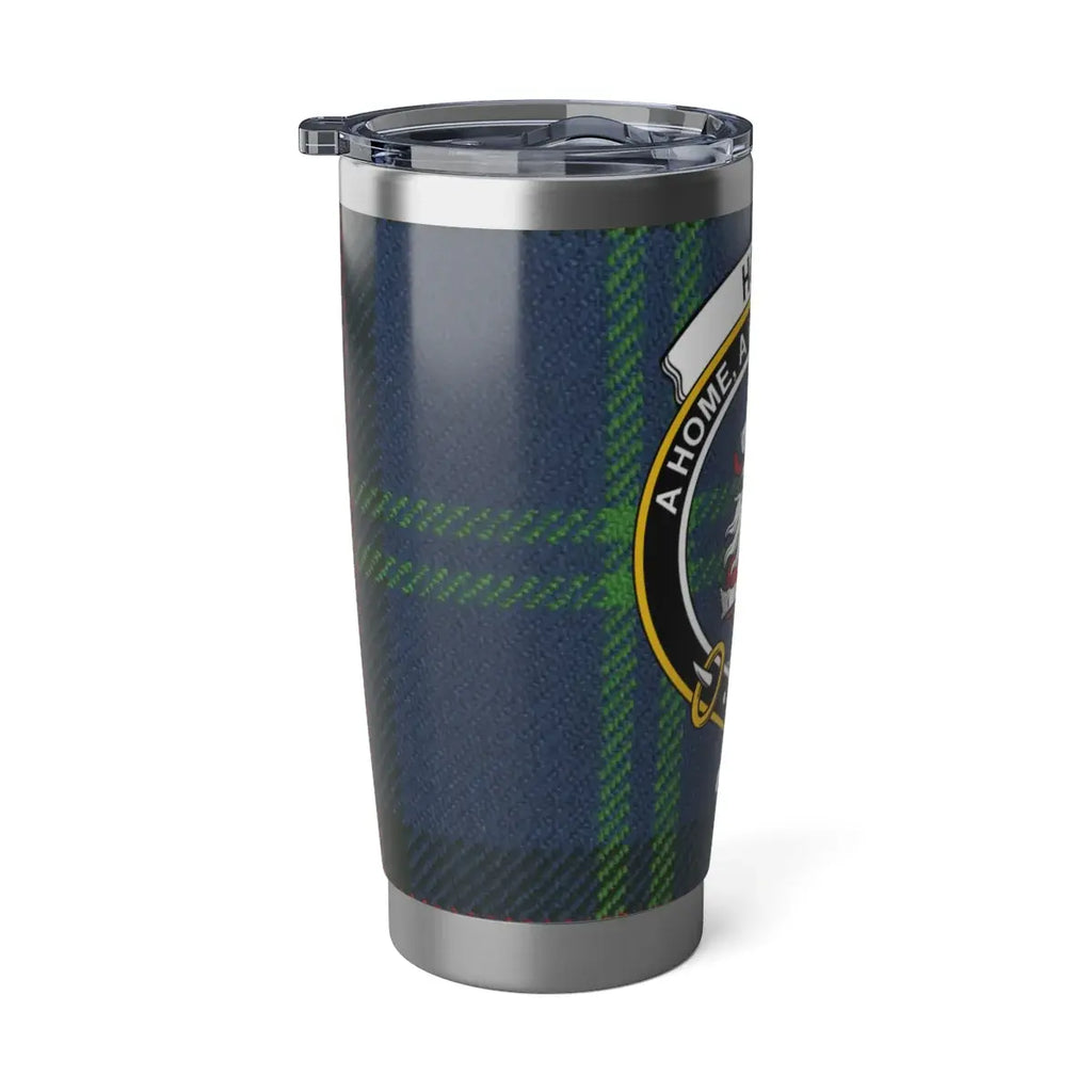 Home clan crest plaid travel tumbler — lion family emblem on 20oz stainless steel