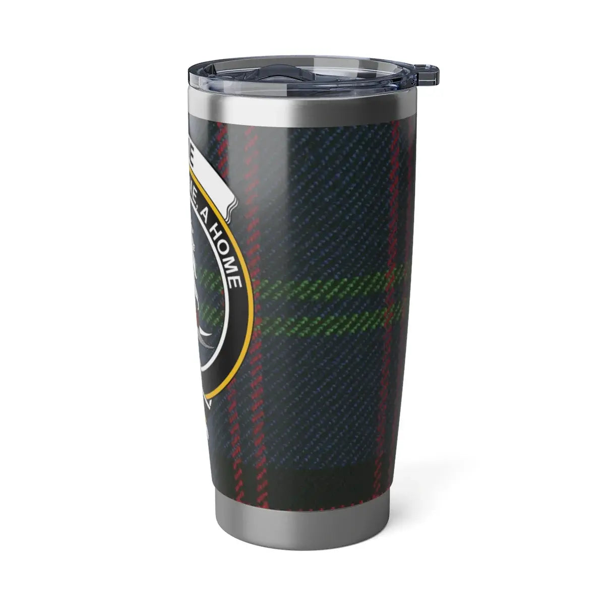 Home clan crest plaid tumbler — customisable emblem on 20oz insulated stainless steel