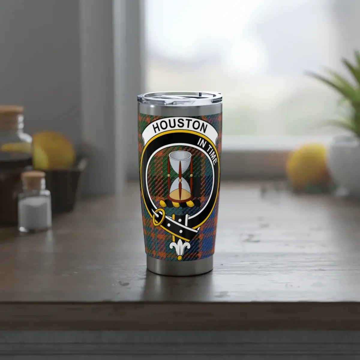 Clan Houston crest tumbler — side view showing tartan wrap print and rubberised lid