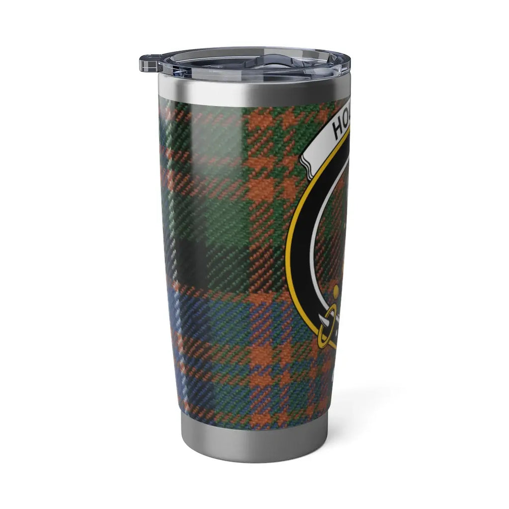 Clan Houston crest and tartan steel tumbler — In Time motto on printed design, 20oz capacity