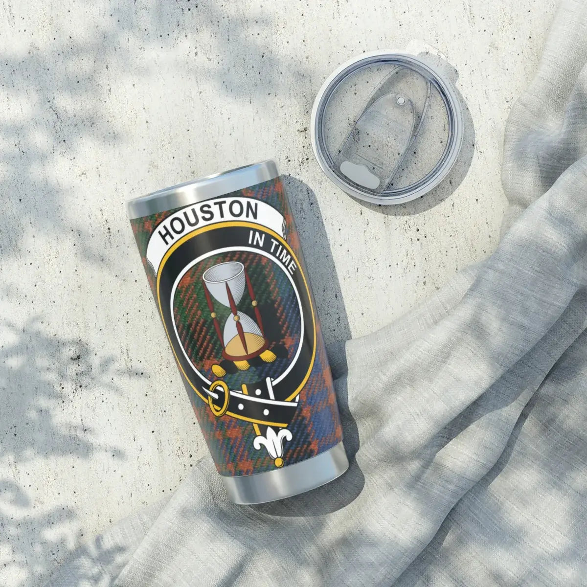 Clan Houston tartan tumbler — top view showing lid and opening, stainless steel construction