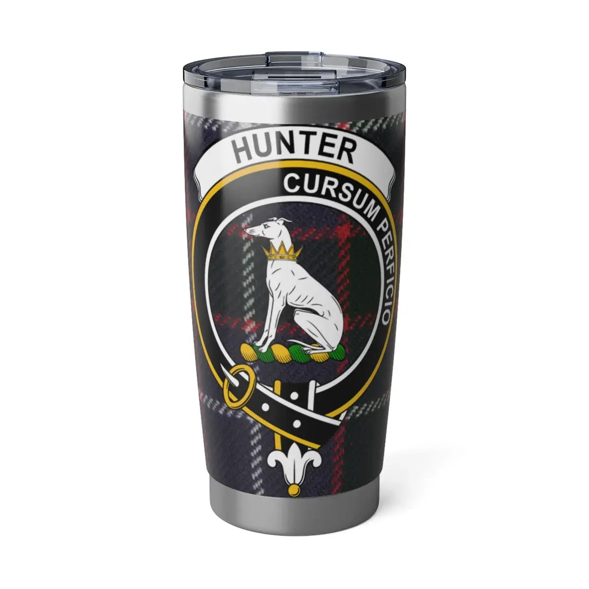 Hunter clan crest tartan 20oz tumbler — stainless steel with Cursum Perficio greyhound design