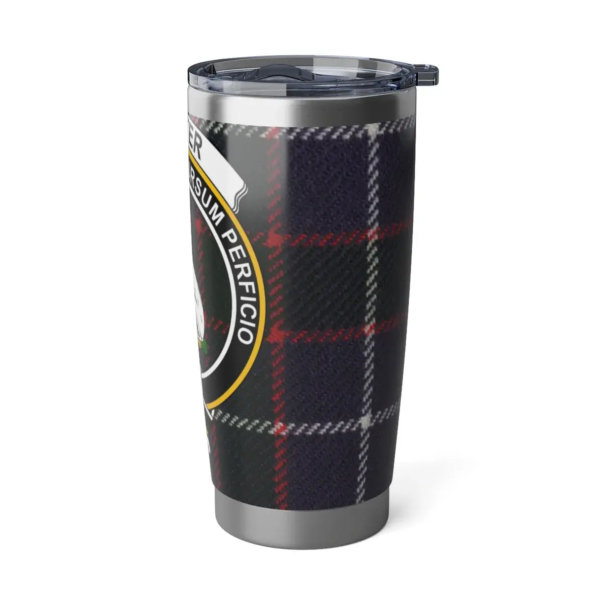 Hunter clan crest plaid patterned insulated tumbler — Cursum Perficio design