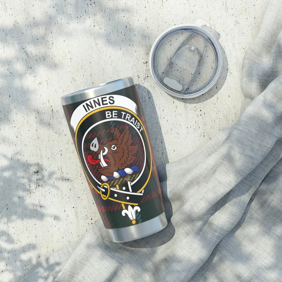 Innes Be Traist travel tumbler — 20oz stainless steel with full clan crest design