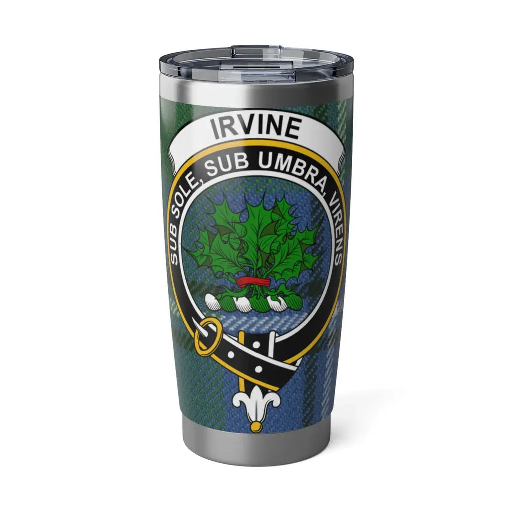 Clan Irvine tartan steel tumbler — 20oz insulated with Sub Sole Sub Umbra Virens crest design