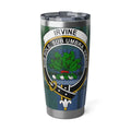 Clan Irvine tartan steel tumbler — 20oz insulated with Sub Sole Sub Umbra Virens crest design