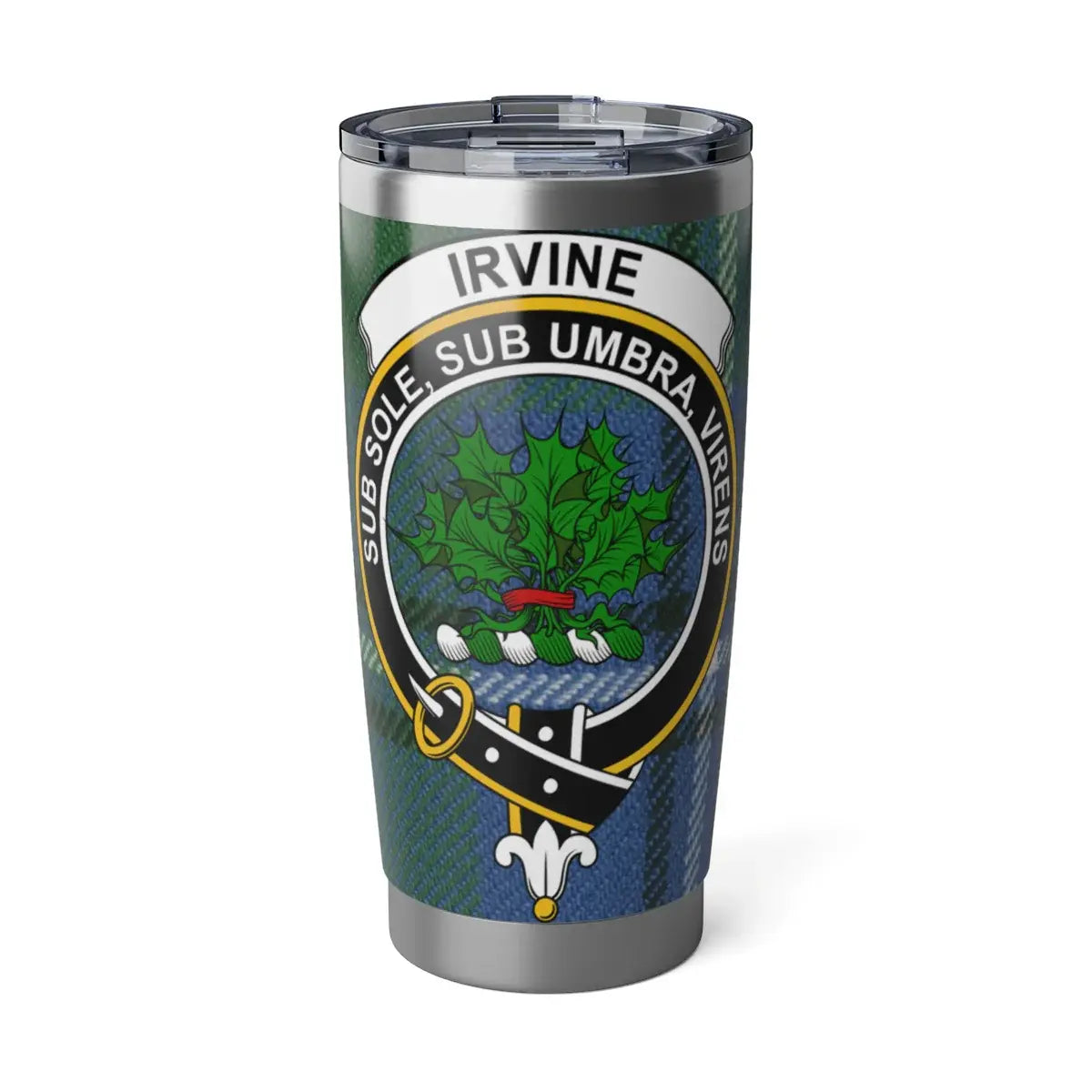 Clan Irvine tartan steel tumbler — 20oz insulated with Sub Sole Sub Umbra Virens crest design
