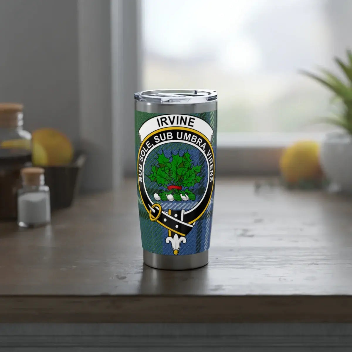 Clan Irvine crest tumbler — side view showing tartan wrap print and rubberised lid