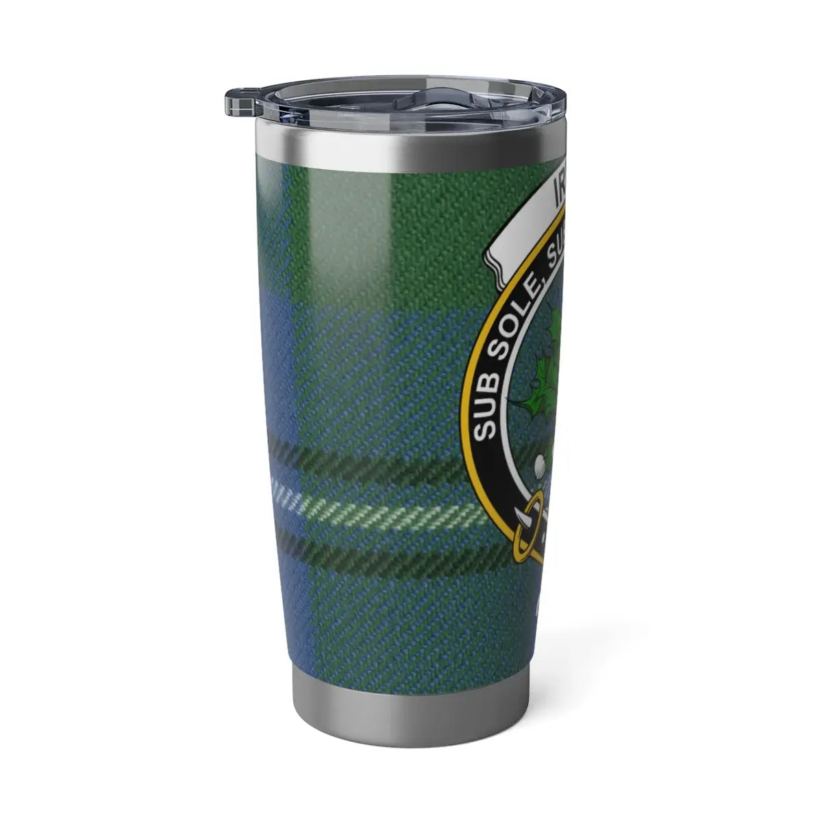 Clan Irvine crest and tartan steel tumbler — Sub Sole Sub Umbra Virens motto on printed design