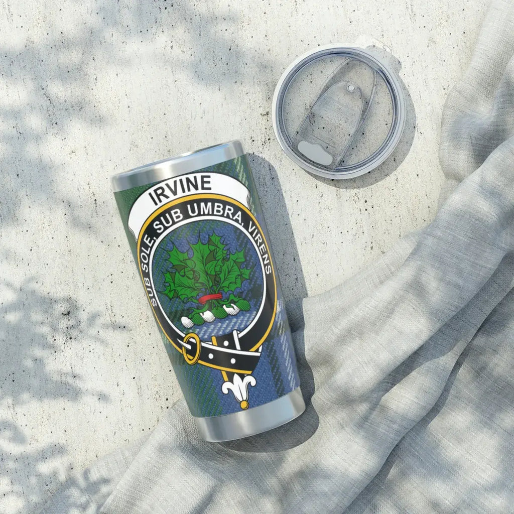 Clan Irvine tartan tumbler — top view showing lid and opening, 20oz stainless steel