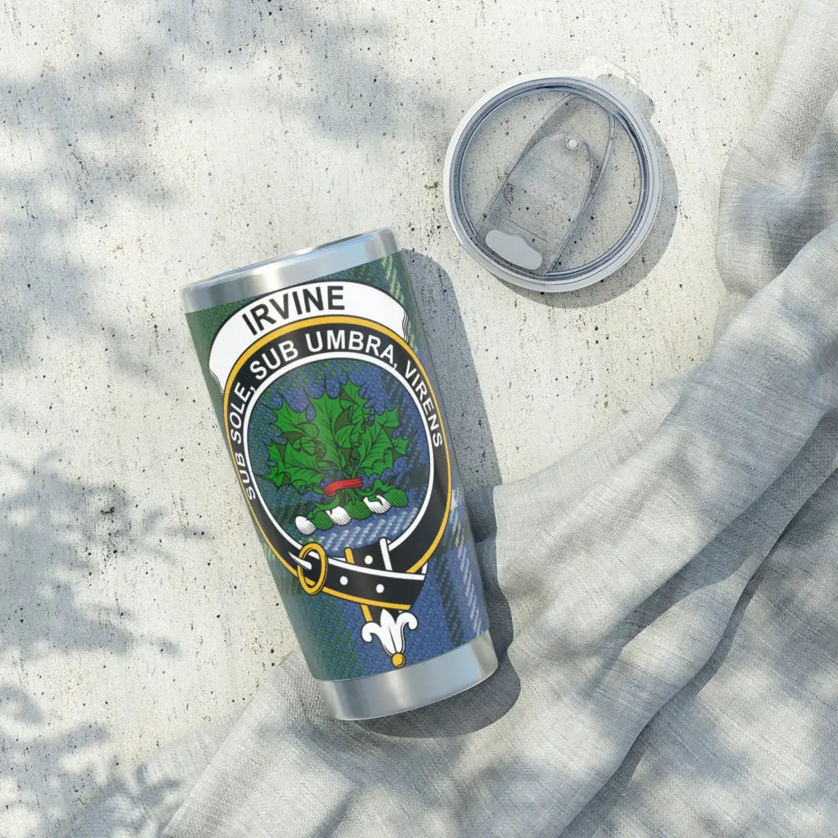 Clan Irvine tartan tumbler — top view showing lid and opening, 20oz stainless steel