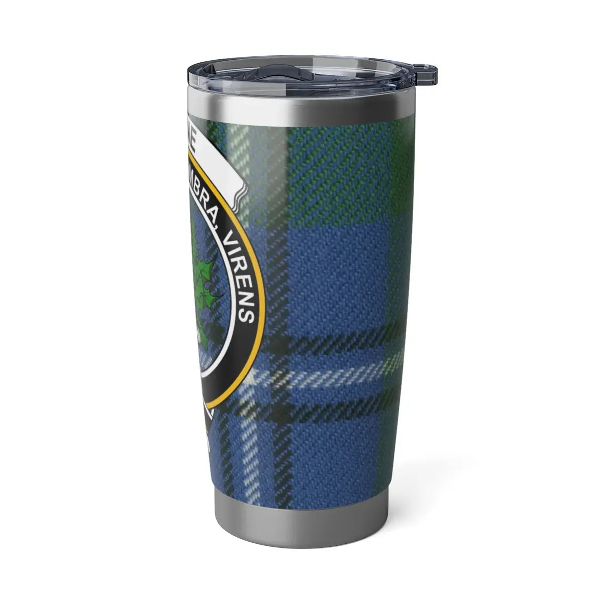 Clan Irvine crest tumbler — 6.70 inch height shown, dimensions and size reference