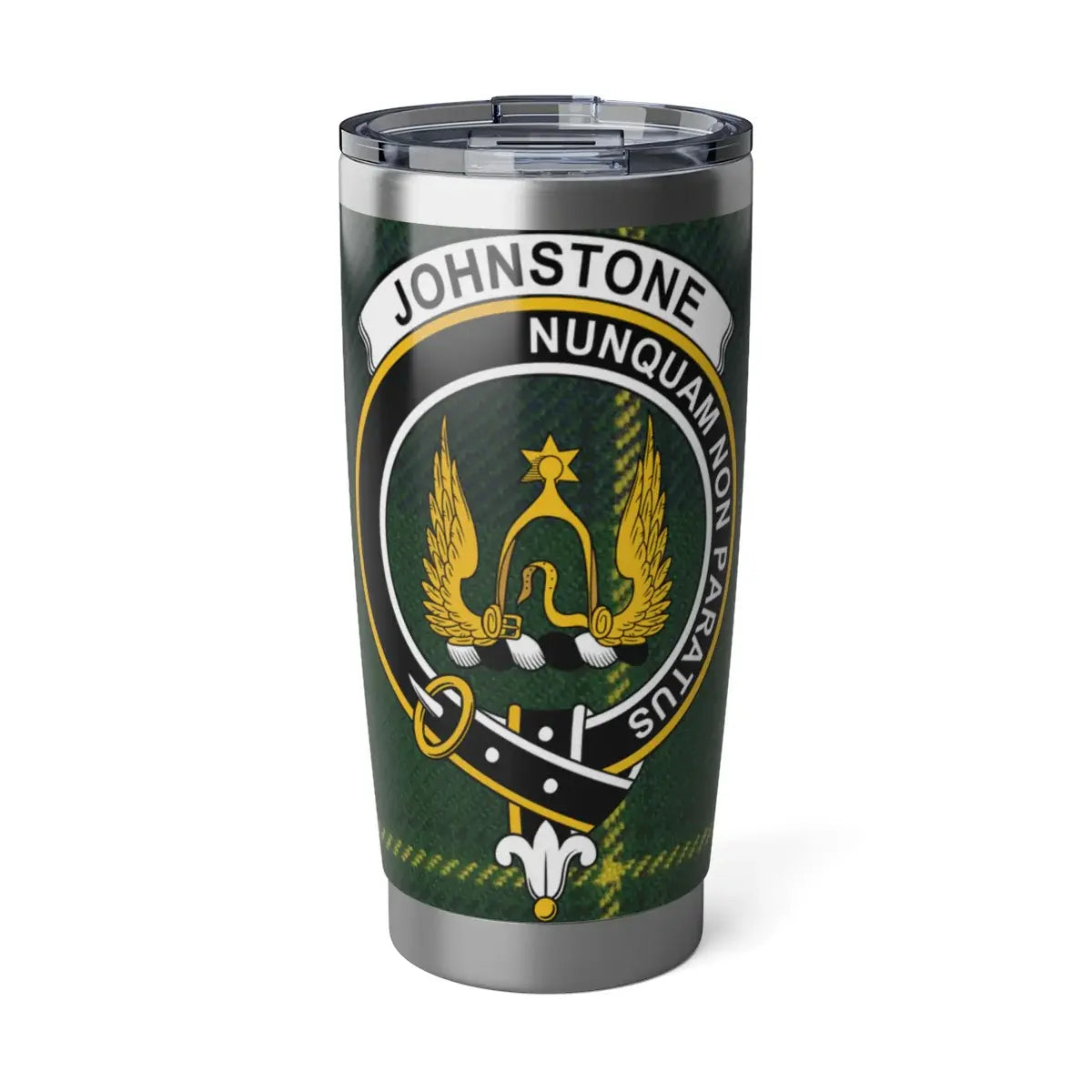 Johnstone clan crest tartan 20oz tumbler — stainless steel with Nunquam Non Paratus design