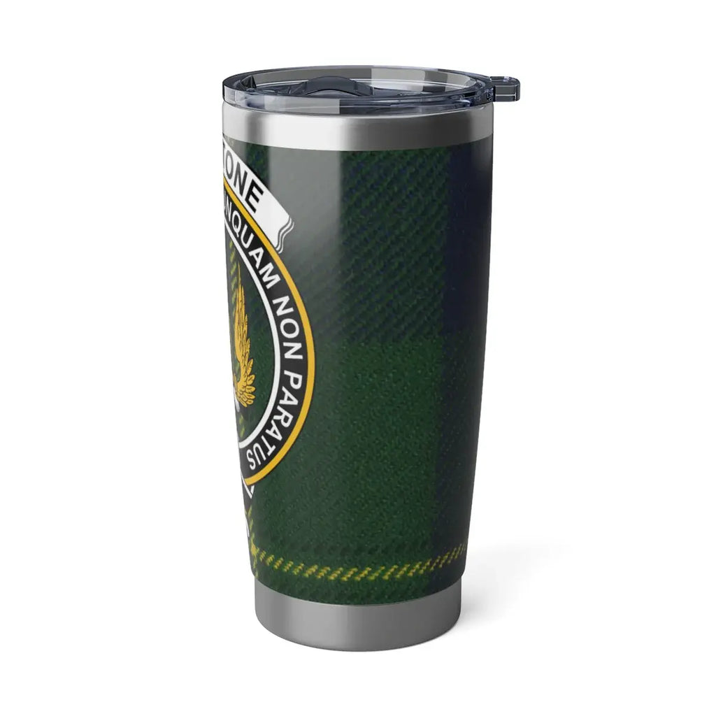 Johnstone clan crest tartan travel tumbler with lid — 20oz double-wall insulated stainless steel