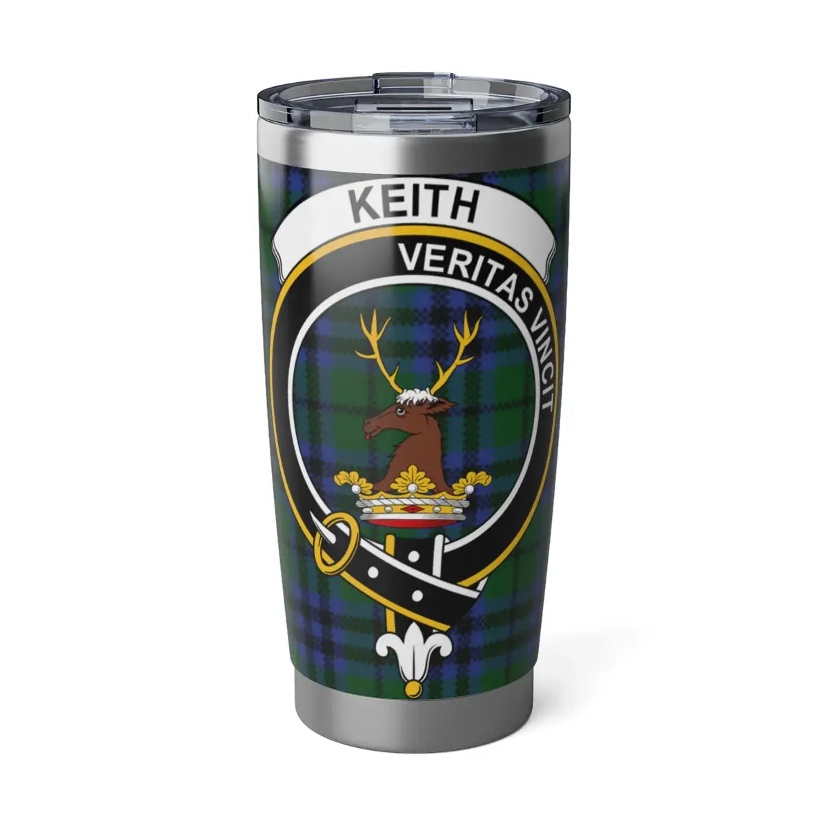 Keith clan crest tartan 20oz tumbler — stainless steel with Veritas Vincit heraldic design