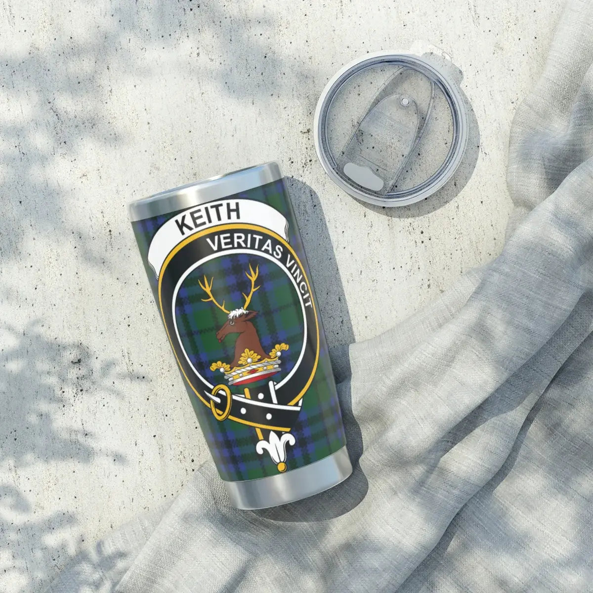 Keith Veritas Vincit tumbler with lid — 20oz stainless steel with full clan crest design